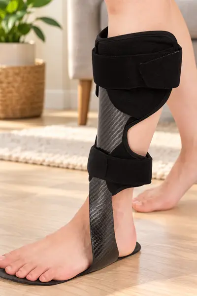 Side view of a bare leg wearing a black carbon-fiber ankle-foot orthosis (AFO) with padded Velcro straps, standing on a light wood floor in a bright living room.