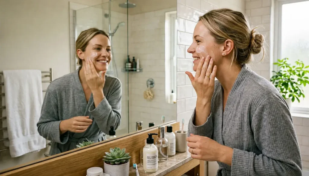 A smiling woman with blonde hair in a bun and wearing a grey robe applies facial moisturizer to her cheek while looking at her reflection in a bathroom mirror.