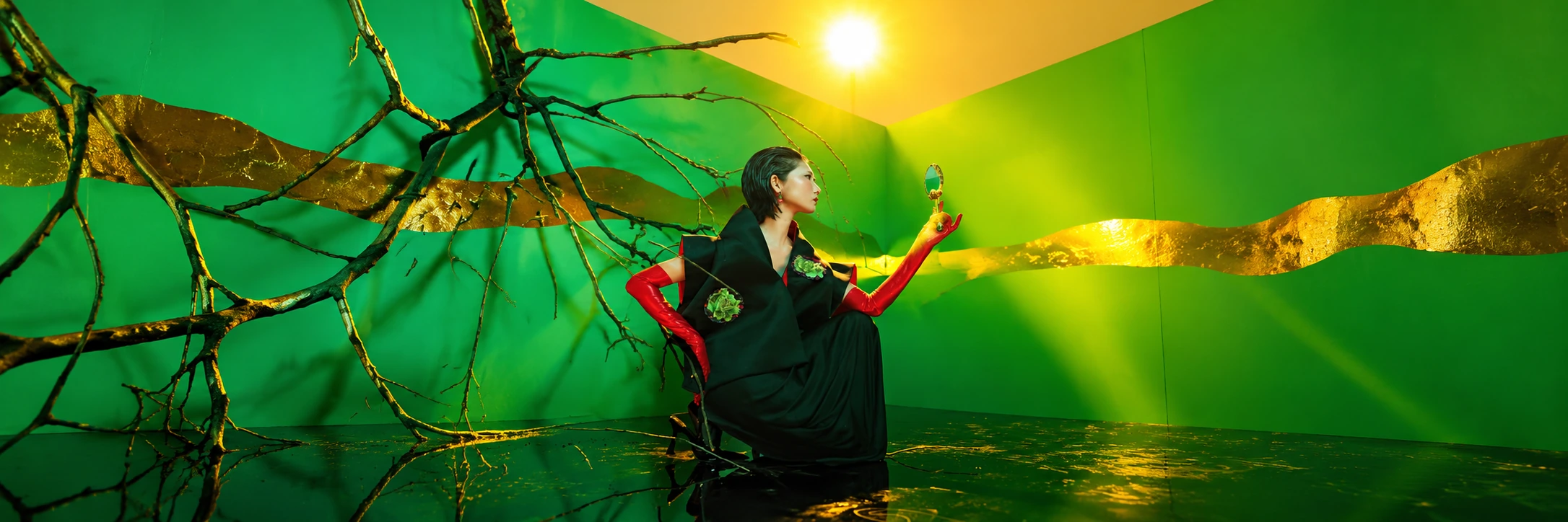 A conceptual fashion portrait of a woman with a short dark bob, kneeling in profile on a reflective black surface, holding up a small hand mirror to look at her reflection. She wears a black robe-like garment with floral embroidered accents and long red opera gloves. The surreal set features vivid green walls, gilded bare tree branches draped across the scene, a glowing sun-like light in the upper background, and streaks of gold paint sweeping across the walls