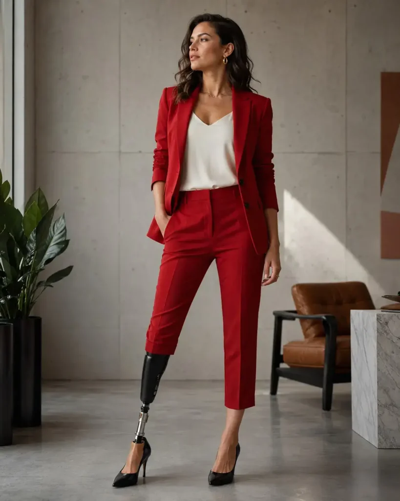 A confident woman standing in a modern office setting wearing a tailored red pantsuit, white blouse, and black stiletto heels, showcasing a prosthetic right leg.