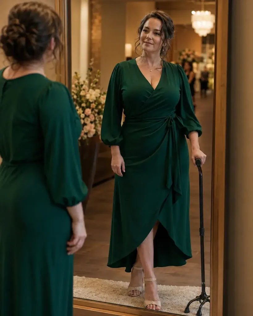 A woman smiling in a mirror reflection, wearing an elegant emerald green long-sleeve wrap dress and nude heels while holding a black walking cane.