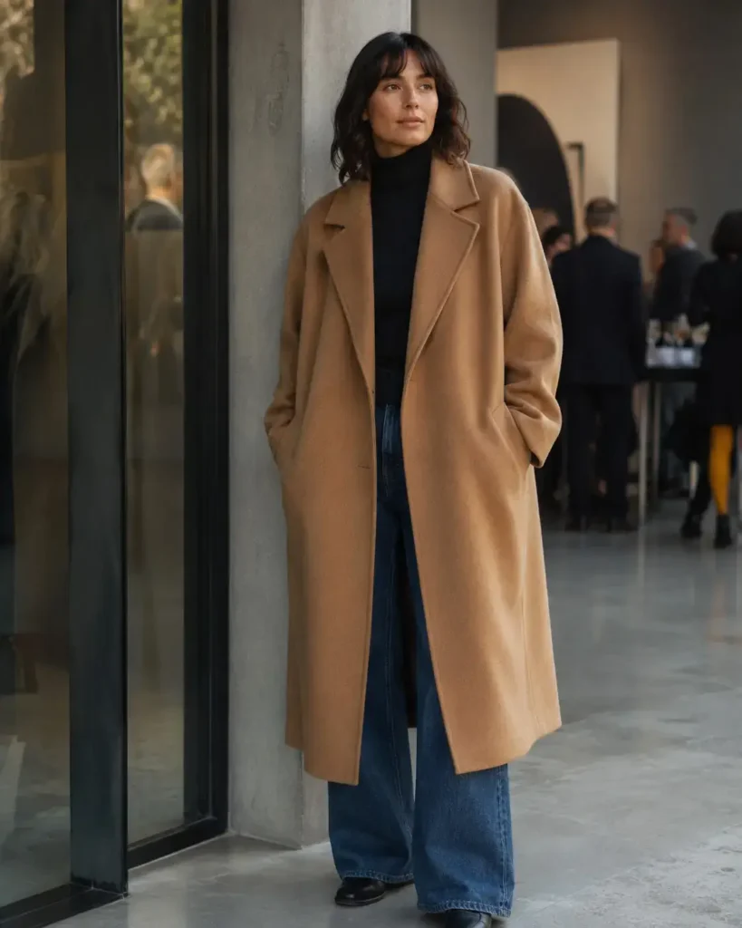A woman leaning against a wall wearing a long, oversized camel wool coat over a black turtleneck sweater and wide-leg denim jeans.