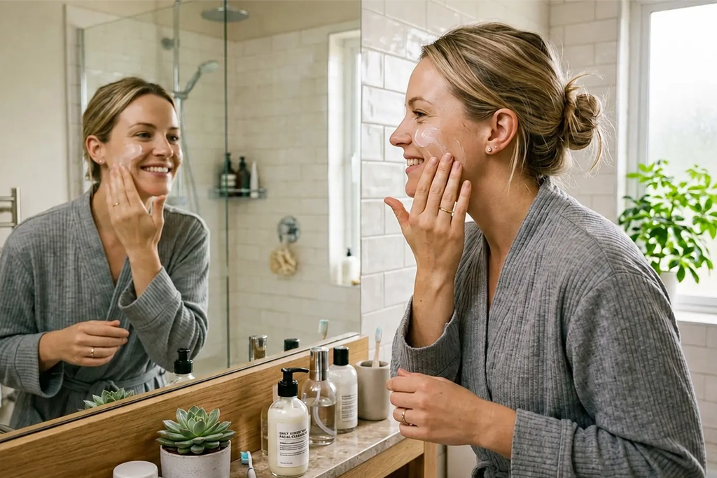A smiling woman in a grey ribbed bathrobe looking into a bathroom mirror and applying facial cream to her cheek during a morning skincare routine.