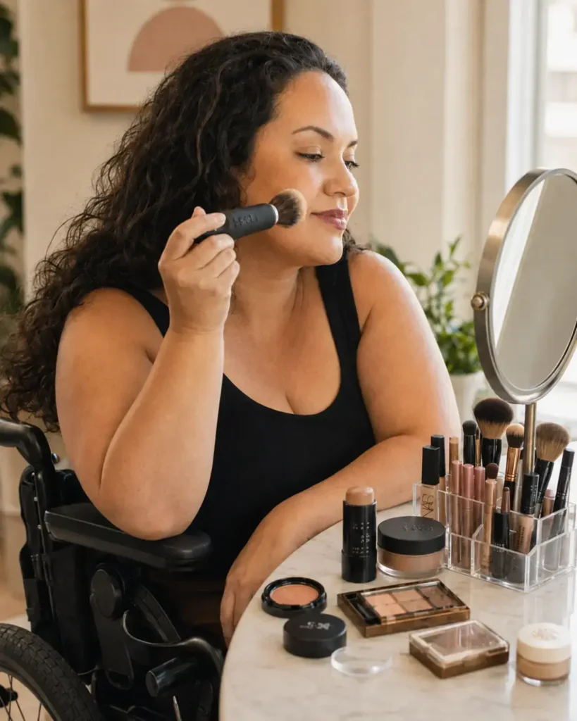 A woman with long curly brown hair sits in a wheelchair at a vanity table, using a makeup brush to apply powder to her face in front of a desktop mirror surrounded by cosmetics.