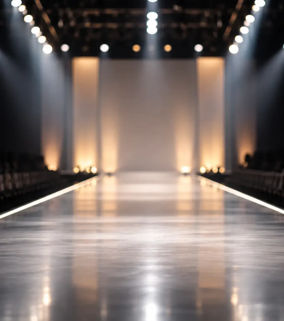 Empty fashion runway with a glossy, reflective floor stretching toward a pale backdrop, lit by warm spotlights, with dark rows of seating on either side.